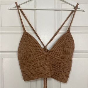 Handmade Crochet Knit Brown Pink Crop Top - fully adjustable